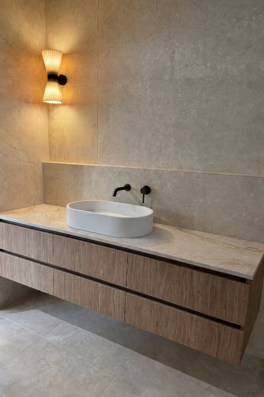 Floating timber vanity with vessel basin and matte black wall mixer — plumbing by Quick2Fix